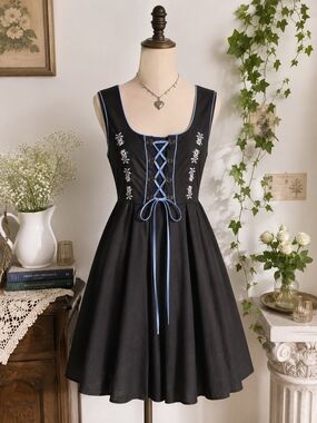 Jasambac Black Embroidered Corset Dress Blue Trim Cottagecore M